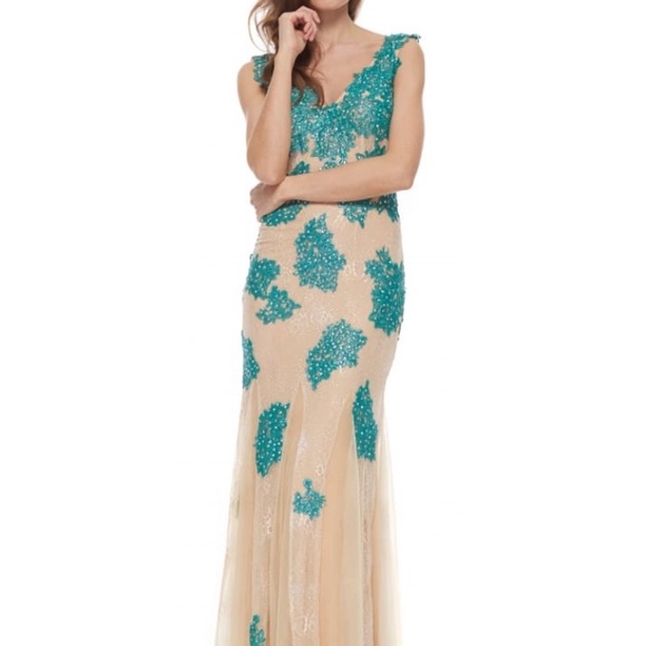 JOVANI Tan & Teal Lace Overlay Gown Size 4 #90164 - Picture 10 of 14